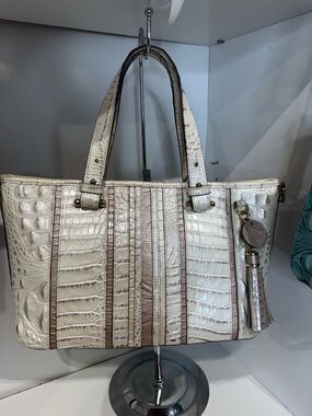 Brahmin mini Asher toasted macaron orleans Croc-Embossed Satchel with Taupe Trim